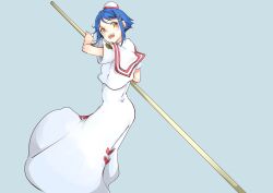 1girl aika_granzchesta aria_(manga) blue_background blue_hair blush brown_eyes commentary dress earrings hair_ornament hat highres himeya_company_uniform holding holding_oar impossible_clothes impossible_dress jewelry long_dress looking_at_viewer mono9ron oar open_mouth sailor_collar short_hair short_sleeves sidelocks simple_background smile solo standing teeth upper_teeth_only white_dress white_hat x_hair_ornament