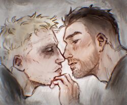 Rule 34 | 2boys, aary soap, adam&#039;s apple, bara, beard stubble, call of duty, call of duty: modern warfare 2, couple, cropped shoulders, face-to-face, facial hair, from side, ghost (modern warfare 2), half-closed eyes, highres, imminent kiss, male focus, mature male, multiple boys, no mask, profile, short hair, soap (modern warfare 2), sparse stubble, stubble, unfinished, yaoi