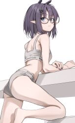 1girl absurdres alternate_costume arm_rest ass bespectacled black_nails blue_eyes blush brand_name_imitation breasts calvin_klein commentary from_behind glasses grey_panties grey_sports_bra hair_ornament highres hololive hololive_english looking_at_viewer looking_to_the_side medium_hair ninomae_ina&#039;nis panties pointy_ears scarlet_(wv0102) small_breasts solo sports_bra sports_panties standing symbol-only_commentary underwear underwear_only virtual_youtuber