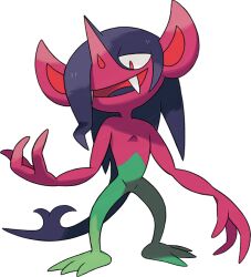 Rule 34 | artist request, colored tongue, fangs, full body, gen 8 pokemon, hair over one eye, long hair, morgrem, nintendo, official art, open mouth, pointy ears, pointy nose, pokemon, pokemon (creature), pokemon focus, pokemon swsh, purple tongue, red eyes, smile, solo, standing, third-party source, transparent background