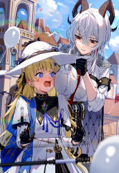 2girls @_@ armband balloon black_armband black_collar black_gloves black_horns black_jacket blonde_hair blue_sash blue_sky blush bra_visible_through_clothes chest_harness closed_mouth collar commentary curled_horns day gloves hair_between_eyes hair_ornament harness hat highres horns jacket jacket_on_shoulders long_hair long_sleeves looking_at_another multiple_girls open_mouth outdoors phoebe_(wuthering_waves) red_eyes sash shirt skirt sky smile staff uuroncha very_long_hair white_hat white_shirt white_skirt wuthering_waves x_hair_ornament zani_(wuthering_waves)