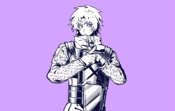1boy armor bags_under_eyes closed_mouth crossed_fingers gloves heathcliff_(project_moon) highres jacket kageyamakira limbus_company long_sleeves looking_at_viewer monochrome n_corp._fanatic_(identity)_(project_moon) project_moon purple_theme scar scar_on_face simple_background solo venom_(vocaloid)