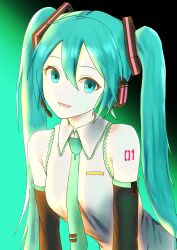 1girl absurdres aqua_background aqua_eyes aqua_hair aqua_necktie breasts commentary_request detached_sleeves gradient_background hair_between_eyes hatsune_miku headset highland highres medium_breasts necktie number_tattoo shirt shoulder_tattoo sleeveless sleeveless_shirt solo tattoo twintails upper_body vocaloid