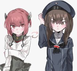 Rule 34 | 2girls, anchor ornament, aogisa, arrow (symbol), black neckerchief, blue dress, blue hat, blue sailor collar, brown eyes, brown hair, collar, cosplay, costume switch, dress, faceless, faceless male, hat, headband, headgear, highres, kantai collection, looking at viewer, metal collar, multiple girls, neckerchief, sailor collar, sailor hat, shirt, short hair, short hair with long locks, sideways glance, simple background, taihou (kancolle), taihou (kancolle) (cosplay), upper body, v-shaped eyebrows, white background, white shirt, z3 max schultz (kancolle), z3 max schultz (kancolle) (cosplay)