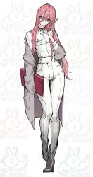 Rule 34 | 1girl, absurdres, black choker, boots, braid, chinese commentary, choker, closed mouth, coat, commentary request, commission, cross, cross choker, folder, full body, glasses, grey boots, grey coat, hair between eyes, highres, holding, holding folder, holding knife, knife, long hair, looking at viewer, off shoulder, open clothes, open coat, original, pants, pink eyes, pink hair, rectangular eyewear, semi-rimless eyewear, shirt, shirt tucked in, single braid, solo, tachi-e, thigh gap, under-rim eyewear, very long hair, wabao laowusuo, watermark, wedge heels, white background, white pants, white shirt