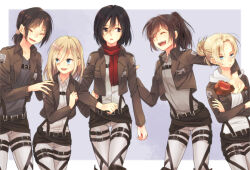 Rule 34 | 5girls, akamaki, annie leonhart, arm around neck, black eyes, black hair, blonde hair, blue eyes, border, brown hair, closed eyes, commentary request, cowboy shot, crossed arms, food, hair between eyes, hair bun, hand on another&#039;s back, hand on another&#039;s shoulder, holding, holding food, hood, hoodie, jacket, krista lenz, long hair, looking at another, looking to the side, low ponytail, meat, mikasa ackerman, multiple girls, open mouth, paradis military uniform, parted bangs, ponytail, red scarf, sasha blouse, scarf, shingeki no kyojin, short hair, smile, thigh gap, training corps (emblem), white border, white hoodie, ymir (shingeki no kyojin)