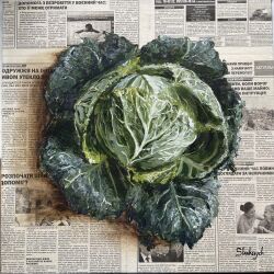 absurdres cabbage food food_focus highres julia_stankevych newspaper no_humans oil_painting_(medium) original painting_(medium) photo_(medium) realistic signature still_life traditional_media vegetable wall_of_text