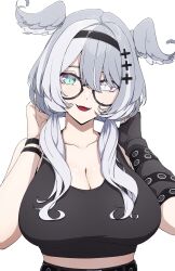 1girl absurdres aqua_eyes black_hairband black_tank_top breasts cleavage commentary cross-shaped_pupils daydarion elira_pendora elira_pendora_(goth) english_commentary fangs fingerless_gloves glasses gloves grey_hair hair_between_eyes hair_ornament hairband hairclip head_wings heterochromia highres huge_breasts large_breasts long_hair looking_at_viewer low_twintails midriff mole mole_on_armpit nijisanji nijisanji_en open_mouth purple_eyes simple_background single_fingerless_glove solo symbol-shaped_pupils tank_top twintails variant_set virtual_youtuber white_background wings