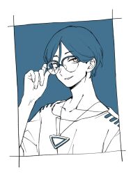 1boy bespectacled blue_hair glasses grey_eyes grin hair_between_eyes highres looking_at_viewer male_focus meguriya_ayumu shio_machi_(shio_town) shirt short_hair smile solo teeth toshi_densetsu_kaitai_center upper_body white_shirt
