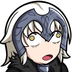 1girl bags_under_eyes commentary dungeon_meshi english_commentary fate/grand_order fate_(series) fur_trim headpiece jeanne_d&#039;arc_alter_(avenger)_(fate) jeanne_d&#039;arc_alter_(fate) medium_hair open_mouth parody portrait romulproduce solo wall-eyed white_hair yellow_eyes