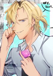 1boy artist_name black_necktie blonde_hair blue_eyes cigarette collared_shirt condom condom_wrapper degrees_of_lewdity earrings english_text eyebrow_piercing highres hikikoooooooo holding holding_cigarette jewelry necktie piercing shirt solo speech_bubble upper_body watermark white_shirt whitney_(degrees_of_lewdity) whitney_(male)_(degrees_of_lewdity)