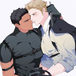 Rule 34 | 2boys, absurdres, ao isami, arm around shoulder, black gloves, black hair, black jacket, black shirt, blonde hair, blue eyes, buckle, chest harness, closed mouth, collared shirt, commentary, cropped torso, english commentary, frown, glove cutout, gloves, harness, highres, holding, holding knife, holding weapon, jacket, knife, lapels, lewis smith, llld (2ldk1241), male focus, multiple boys, parted lips, shirt, short hair, short sideburns, short sleeves, sideburns, simple background, skin tight, sleeves rolled up, snap-fit buckle, weapon, white background, white shirt, wing collar, yaoi, yuuki bakuhatsu bang bravern