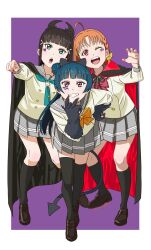 3girls black_hair blue_hair green_eyes halloween_costume komesodo kurosawa_dia looking_at_viewer love_live! love_live!_sunshine!! multiple_girls one_eye_closed orange_hair purple_eyes red_eyes school_uniform simple_background standing takami_chika tsushima_yoshiko wink