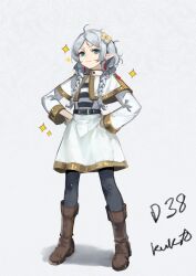 1girl absurdres alternate_hairstyle black_pantyhose boots braid brown_boots capelet closed_mouth frieren full_body green_eyes grey_hair highres jiuxiaoshi low_twin_braids pantyhose pointy_ears skirt smile solo sousou_no_frieren twin_braids white_capelet white_skirt