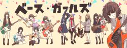 5-string_bass_guitar 6+girls 6-string_bass_guitar :d :o ;) ;d ^_^ ankle_boots bag bare_legs bass_guitar black_boots black_eyes black_hair black_jacket black_skirt black_socks blonde_hair blue_necktie blue_ribbon blue_serafuku blue_skirt bob_cut boots bow bowtie braid breasts brown_eyes brown_jacket brown_pants brown_sailor_collar brown_shoes brown_skirt cable cardigan check_commentary closed_eyes collared_shirt commentary_request contrapposto danelectro dingwall_combustion esp_guitars fender_jazz_bass full_body gibson_sg_(bass) glasses grey_hair grey_ribbon grey_serafuku grey_skirt grey_socks grey_sweater grey_sweater_vest grey_vest guitar_strap hair_ornament hands_up headless_bass_guitar highres instrument instrument_request jacket kneehighs knees_up lace-up_boots leaning_forward leaning_on_person leggings loafers long_hair long_sidelocks long_sleeves low_twintails matsuda_hikari medium_breasts medium_hair medium_skirt midriff_peek miniskirt multiple_girls music_man_stingray neck_ribbon neckerchief necktie one_eye_closed open_clothes open_mouth original pants pants_under_skirt plaid_clothes plaid_skirt pleated_skirt pointing pointing_at_another ponytail profile red_bow red_bowtie red_scarf ribbon sailor_collar scarf school_bag school_uniform serafuku shirt shoes short_hair sidelocks sitting skirt small_breasts smile socks solo standing standing_on_one_leg stretching suit_jacket sweater sweater_vest twintails v vest wariza white_neckerchief white_shirt white_socks yamaha_sbv yellow_bow yellow_bowtie yellow_cardigan yellow_skirt yellow_sweater