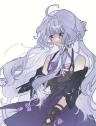 1girl ahoge bare_shoulders dust_incorner fingerless_gloves gloves grey_hair hair_intakes highres long_hair looking_down mabinogi purple_eyes rowan_(mabinogi) simple_background sleeveless