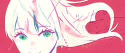 1girl aqua_eyes close-up commentary_request earrings eyelashes floating_hair happy_valentine heart heart-shaped_hair jewelry masking_tape_(medium) mixed_media multicolored_hair nostrils original pink_background pink_streaks portrait purple_streaks ryono smile solo streaked_hair traditional_media twitter_username unconventional_media white_hair