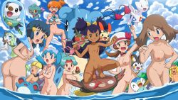 &gt;_&lt; 1boy 6+girls :o :q anger_vein ash_ketchum ashley_(pokemon) ass asymmetrical_hair axew bikini blue_eyes blue_hair blush bow breasts brown_eyes brown_hair capture_styler choker cilan_(pokemon) cleavage cleft_of_venus closed_eyes clothes_theft cloud convenient_censoring cosplay covering_privates creatures_(company) dark_skin dawn_(pokemon) earrings elesa_(pokemon) elesa_(pokemon)_(cosplay) emolga flat_chest frilled_bikini frills game_freak gen_1_pokemon gen_2_pokemon gen_3_pokemon gen_4_pokemon gen_5_pokemon gyarados gym_leader hat headband headphones highres iris_(pokemon) jewelry lapras large_breasts legendary_pokemon long_hair lyra_(pokemon) marill marina_(pokemon) may_(pokemon) meloetta meloetta_(aria) misdreavus misty_(pokemon) multiple_girls mythical_pokemon navel necklace nintendo nude nude_filter open_mouth orange_hair oshawott piplup plusle pokemoa pokemon pokemon_(anime) pokemon_(classic_anime) pokemon_bw_(anime) pokemon_dppt_(anime) pokemon_ranger pokemon_ranger_1 pokemon_rse_(anime) purple_hair pussy red_eyes side_ponytail solana_(pokemon) splashing stunfisk surfing sweatdrop swimsuit theft third-party_edit togetic tongue tongue_out trap uncensored unworn_bikini_top wading water water_gun