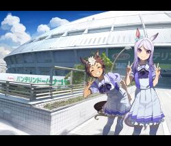 2girls animal_ears blush bow bowtie brown_hair closed_eyes cowboy_shot double_v ear_bow earrings frilled_skirt frills gradient_hair grey_hair highres horse_ears horse_girl horse_tail horseshoe_ornament jewelry long_hair looking_at_viewer mejiro_mcqueen_(umamusume) mejiro_ryan_(umamusume) multicolored_hair multiple_girls nishiki_kazue pleated_skirt puffy_short_sleeves puffy_sleeves purple_bow purple_bowtie purple_eyes purple_hair purple_shirt purple_trim sailor_collar school_uniform shirt short_hair short_sleeves single_earring skirt smile stadium sweatdrop tail thighhighs tracen_school_uniform two-tone_hair two-tone_shirt umamusume v white_shirt white_skirt white_thighhighs zettai_ryouiki