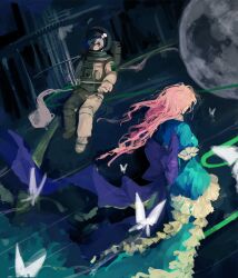 2girls astronaut back_bow blue_dress bow bug butterfly chinese_commentary closed_mouth commentary_request dress frilled_sleeves frills green_eyes helmet highres insect konpaku_youmu long_hair long_sleeves messy_hair moon multiple_girls pink_hair purple_bow saigyouji_yuyuko space space_helmet star_(sky) touhou white_hair xian_qishui
