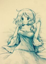 aki_minoriko arinu bed blush breasts cleavage highres large_breasts monochrome short_hair skirt sleepwear smile touhou