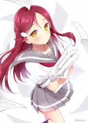 10s 1girl bad_id beamed_quavers blush crotchet_rest female_focus from_above hair_ornament hairclip holding holding_paper long_hair looking_at_viewer looking_up love_live! love_live!_school_idol_project love_live!_sunshine!! musical_note natsu_(natume0504) neckerchief paper papers pleated_skirt quaver red_hair sakurauchi_riko school_uniform serafuku sharp_sign sheet_music short_sleeves skirt solo standing treble_clef twitter_username yellow_eyes