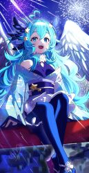 Rule 34 | 1girl, absurdres, aerial fireworks, ahoge, bare shoulders, blue eyes, blue hair, blue pantyhose, eyelashes, feathered wings, festival, fingernails, fireworks, full body, hair between eyes, hair ornament, highres, japanese clothes, kimono, long hair, long sleeves, looking at viewer, night, night sky, open mouth, original, pantyhose, shi gure, signature, sitting, sky, solo, star (symbol), star hair ornament, teeth, tongue, very long hair, white wings, wings
