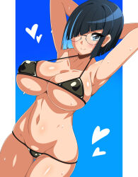 1girl arms_behind_head arms_up bikini black_bikini black_hair blue_background blue_eyes blue_hair blush breasts colored_inner_hair covered_erect_nipples glasses hair_over_one_eye heart highres huge_breasts kani_club looking_at_viewer micro_bikini multicolored_hair navel original short_hair smile spoken_heart swimsuit two-tone_background white_background
