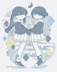 2girls awaya_yawako black_footwear black_hair black_shirt black_socks blue_eyes blunt_bangs closed_mouth diamond_(shape) dot_mouth earrings egasumi expressionless floating full_body hair_bun hands_up highres interlocked_fingers jewelry limited_palette long_hair long_sleeves looking_at_viewer looking_to_the_side loose_socks miniskirt multicolored_hair multiple_girls neckerchief no_sclera original pale_skin panda_earrings pleated_skirt sailor_collar school_uniform serafuku shirt shoes skirt snowman_earrings sock_pin socks streaked_hair symmetrical_hand_pose symmetrical_pose twintails white_neckerchief white_sailor_collar white_skirt white_socks yellow_eyes yin_yang