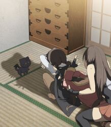 3girls arms_up barefoot black_cape black_gloves black_thighhighs brown_hair cabinet cape cat cat_shadow_puppet_(meme) chomusuke commentary_request demon_wings dress feet fingerless_gloves gloves highres indoors izawa_(bhive003) komekko kono_subarashii_sekai_ni_shukufuku_wo! long_hair long_sleeves megumin meme mother_and_daughter multiple_girls red_dress shadow shirt shouji siblings sisters sliding_doors squatting tatami thighhighs toes white_shirt wings yuiyui_(konosuba)