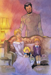 1980s_(style) 2boys 2girls age_difference artesia_som_deikun astraia_tor_deikun beard blonde_hair casval_rem_deikun child dress facial_hair family formal_clothes gundam highres lamp living_room manly mobile_suit_gundam mobile_suit_gundam_the_origin multiple_boys multiple_girls oldschool promotional_art retro_artstyle scan signature size_difference suit traditional_media zeon_zum_deikun
