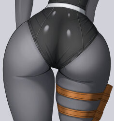 1girl absurdres ass ass_focus black_leotard bodysuit commentary commission dino_crisis english_commentary from_behind grey_background grey_bodysuit highleg highleg_leotard highres holster leotard lower_body regina_(dino_crisis) ryusei_(coupling_maker) simple_background skeb_commission skin_tight skindentation solo thigh_holster thigh_strap thighs