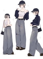1girl ama_mitsuki ass baseball_cap belt black_bag black_hat black_jacket black_sandals breasts camisole collarbone crop_top cropped_jacket denim full_body grey_hair hat highres jacket jeans medium_breasts midriff multiple_views navel original pants platform_sandals sandals short_hair simple_background sparkle toes torn_clothes torn_pants walking white_background white_camisole