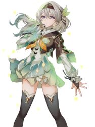 1girl black_bridal_gauntlets black_capelet black_hairband blue_pupils bridal_gauntlets capelet commentary feet_out_of_frame firefly_(honkai:_star_rail) gold_trim gradient_hair green_hair green_skirt green_thighhighs grey_hair hairband highres honkai:_star_rail honkai_(series) long_hair long_sleeves looking_at_viewer multicolored_hair neckerchief pleated_skirt purple_hair saint_laurent_paris shirt simple_background skirt solo symbol-only_commentary thighhighs two-tone_hair white_background white_shirt yellow_neckerchief