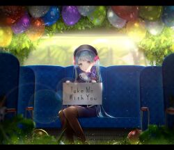 Rule 34 | 1girl, balloon, black dress, black pantyhose, blue hair, blue shirt, blue skirt, bus interior, commentary request, dress, ekm, grey eyes, hatsune miku, light particles, long hair, long sleeves, looking at viewer, pantyhose, parted lips, shirt, sign, sitting, skirt, solo, sunlight, twintails, vocaloid, window