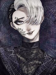 1boy aripyon black_hair black_lips commentary_request divus_crewel grey_eyes hair_over_one_eye highres looking_at_viewer male_focus multicolored_hair portrait purple_background silk solo spider_web split-color_hair twisted_wonderland white_hair