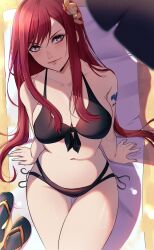 Rule 34 | 1girl, absurdres, arm tattoo, artist name, beach, beach towel, beneceadraws, bikini, black bikini, blush, breasts, brown eyes, closed mouth, commentary, erza scarlet, fairy tail, flower, hair flower, hair ornament, hair over one eye, highres, large breasts, looking at viewer, navel, red hair, revision, sand, sandals, shade, signature, sitting, solo, stomach, swimsuit, tattoo, thighs, towel, unworn sandals, wet