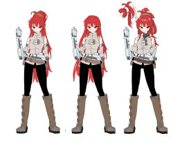 1girl arrow_(symbol) black_pants boots brown_boots closed_mouth grey_jacket hand_up highres jacket knee_boots mechanical_arms original pants piripun ponytail red_eyes red_hair simple_background sleeveless sleeveless_jacket variations white_background