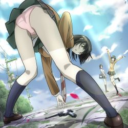 3girls arms_up ass bent_over black_hair blazer blue_legwear blurry bow bowtie brown_eyes brown_footwear brown_hair cable cardigan cherry_blossoms cloud coppelion cracked_street day depth_of_field diagonal-striped_neckwear dutch_angle falling_petals from_behind from_below fukasaku_aoi full_body grass green_hair green_skirt gun hand_on_own_knee handgun horizon jacket kneehighs legs loafers long_hair looking_at_viewer looking_back luger_p08 m_o_(prftz) miniskirt multiple_girls naruse_ibara necktie nomura_taeko open_mouth outdoors overgrown pale_skin panties pantyshot pantyshot_(bent_over) pantyshot_(leaning_forward) parted_lips perspective petals picking_up pigeon-toed pink_panties plaid_clothes plaid_skirt pleated_skirt ponytail power_lines road school_uniform shoes short_hair short_ponytail skirt sky sleeves_rolled_up smile socks standing standing_on_one_leg striped_bow striped_bowtie striped_clothes striped_neckwear sunlight transmission_tower tree underwear upskirt utility_pole weapon
