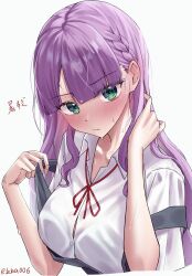 Rule 34 | 1girl, blue eyes, blush, braid, button gap, commentary, dress, dress shirt, green eyes, highres, long hair, love live!, love live! superstar!!, pinafore dress, purple hair, rikka006, school uniform, shirt, simple background, sleeveless, sleeveless dress, solo, sweat, translation request, upper body, white background, wien margarete, yuigaoka school uniform