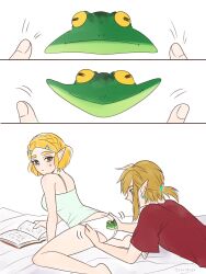 1boy 1girl animal_print ass back blonde_hair blue_eyes blush book breasts ear_piercing frog frog_panties frog_print green_eyes green_tank_top highres kneeling link lying medium_breasts nintendo on_back on_bed panties piercing pointy_ears ponytail princess_zelda print_panties reading red_shirt shirt short_bangs short_hair short_ponytail sweatdrop tank_top teraichigo the_legend_of_zelda the_legend_of_zelda:_breath_of_the_wild the_legend_of_zelda:_tears_of_the_kingdom thick_eyebrows underwear white_panties