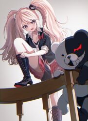 Rule 34 | 1girl, :d, black boots, black jacket, boots, bow, breasts, brown eyes, brown hair, cleavage, collarbone, collared shirt, commentary, danganronpa: trigger happy havoc, danganronpa (series), dress shirt, enoshima junko, gradient background, grey background, hair ornament, high heel boots, high heels, highres, jacket, lace-up boots, large breasts, long hair, monokuma, necktie, open mouth, pentagon (railgun ky1206), pink skirt, plaid clothes, plaid skirt, pleated skirt, red bow, school uniform, shirt, skirt, smile, stuffed animal, stuffed toy, teddy bear, twintails, v-shaped eyebrows, very long hair, white necktie, white shirt