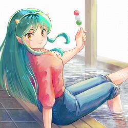1girl absurdres arm_support artist_name blue_pants cone_horns dango denim food green_hair highres holding holding_food horns jeans long_hair looking_at_viewer lum miz_mus pants pointy_ears red_shirt sanshoku_dango shirt sidelocks sitting solo tile_floor tiles urusei_yatsura wagashi water