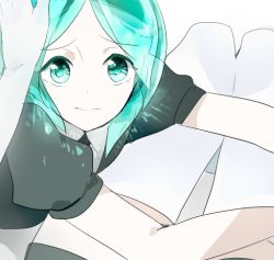 2others androgynous aqua_eyes aqua_hair diamond_(houseki_no_kuni) elbow_gloves gem_uniform_(houseki_no_kuni) gloves glowing glowing_hair green_eyes green_hair hand_on_another&#039;s_head houseki_no_kuni lap looking_at_viewer multiple_others out_of_frame headpat phosphophyllite pout short_hair shumiko_(kamenokoueki) thighhighs