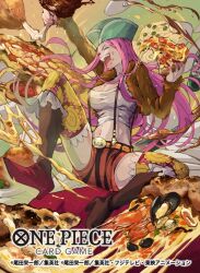 1girl ^_^ aqua_hat belt boots closed_eyes commentary_request copyright_name crop_top cropped_jacket food full_body hat high_heels holding holding_food jewelry_bonney long_hair meat nanahara_shie official_art one_piece one_piece_card_game open_mouth pink_hair pizza shorts solo suspenders thighhighs