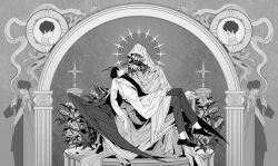2boys arch benkdjjituibot black_shirt black_wings carrying cloak coat collared_shirt column demon_horns dress_shoes feathered_wings flower greyscale halo halo_behind_head headless highres horns hug implied_yaoi kim_dokja leaning_back limp_wrist monochrome multiple_boys multiple_views objectification official_alternate_costume omniscient_reader&#039;s_viewpoint on_lap outstretched_hand outstretched_legs pillar podium princess_carry robe secretive_plotter shirt snake sunflower too_many_flowers white_coat wings