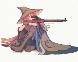 1girl boots brown_boots brown_gloves brown_hair brown_hat commentary english_commentary fingerless_gloves full_body gloves grey_background grey_pants gun half-closed_eye hashtag hat holding holding_gun holding_weapon knee_up lace-up_boots long_hair milramemo nelyne_(milramemo) one_eye_closed original pants pointy_ears rifle scope shoe_soles signature simple_background sitting sniper_rifle solo very_long_hair weapon witch_hat