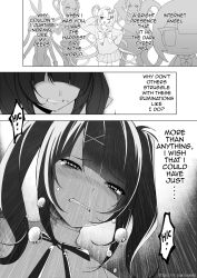 1girl ame-chan_(needy_girl_overdose) black_hair bow character_doll chest_bow chibi chibi_inset chouzetsusaikawa_tenshi-chan chouzetsusaikawa_tenshi-chan_(mizugi) chouzetsusaikawa_tenshi-chan_(playboy_bunny) clenched_teeth contrapposto crying crying_with_eyes_open doll dual_persona english_text greyscale hair_bow hair_ornament hair_over_eyes highres inset_border ixopod looking_at_viewer monochrome multiple_hair_bows multiple_views neck_ribbon needy_girl_overdose one_eye_closed open_mouth quad_tails ribbon school_uniform serafuku short_twintails sound_effects tears teeth twintails v x_hair_ornament