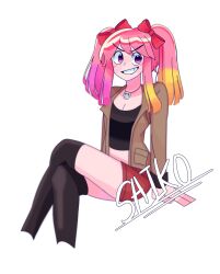 1girl breasts cleavage crossed_legs glitch_productions highres long_hair medium_breasts multicolored_hair pink_hair purple_eyes saiko_(smg4) skirt smg4 solo thighhighs