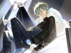 1boy black_gloves blue_hair blue_pants blue_socks book closed_eyes closed_mouth commentary covering_with_blanket earrings english_commentary eyebrow_piercing eyewear_strap face_piercing feet_out_of_frame fingerless_gloves full_body glasses gloves gradient_hair green_hair hair_between_eyes highres holding holding_book ike_eveland ike_eveland_(2nd_costume) jewelry light_rays long_sleeves lying male_focus multicolored_hair nijisanji nijisanji_en open_book pants piercing plaid_clothes plaid_pants quilldren_(ike_eveland) round_eyewear rovaroca sleeping socks solo sunbeam sunlight sweater turtleneck turtleneck_sweater virtual_youtuber